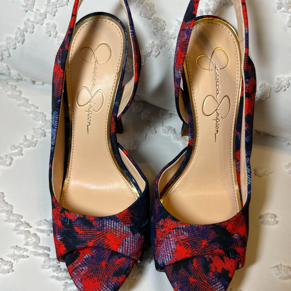Jessica Simpson "Sabella" Sling Back Red & Blue Floral Platform Pump SIZE 7M/37 - Picture 3 of 10